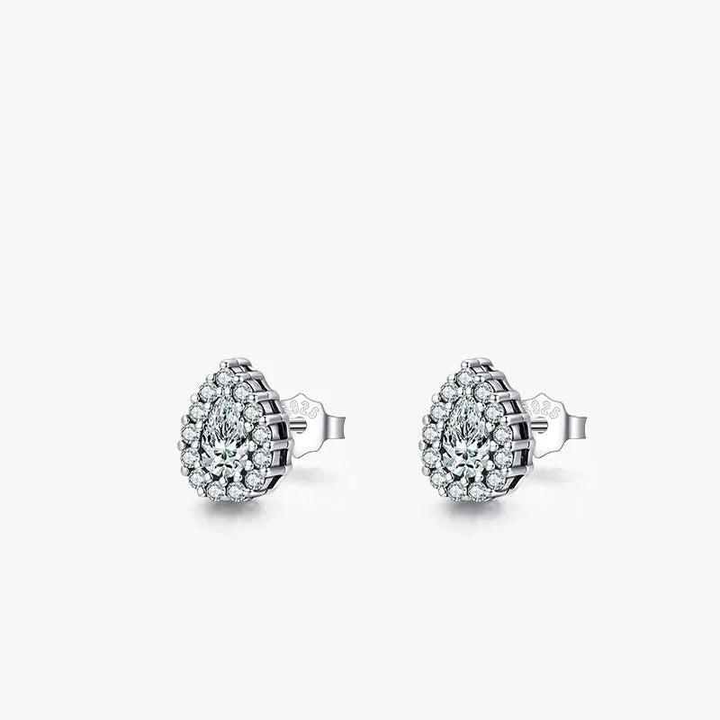 Women's silver drop ear studs with 925 sterling silver construction and diamond treatment finish