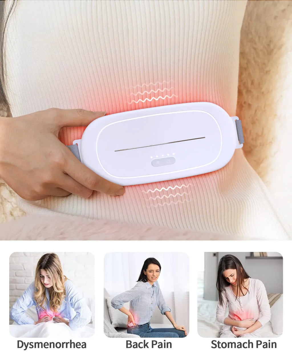 White flexible silicone postpartum abdominal warming device with an adjustable belt.