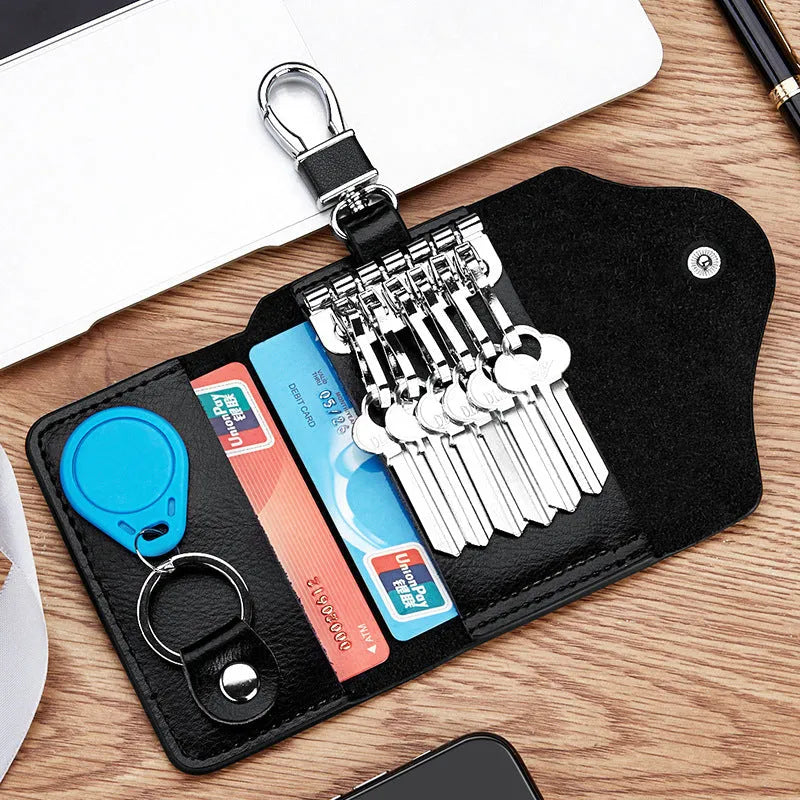 Genuine leather keychain card holder in square vertical format with internal key mapping