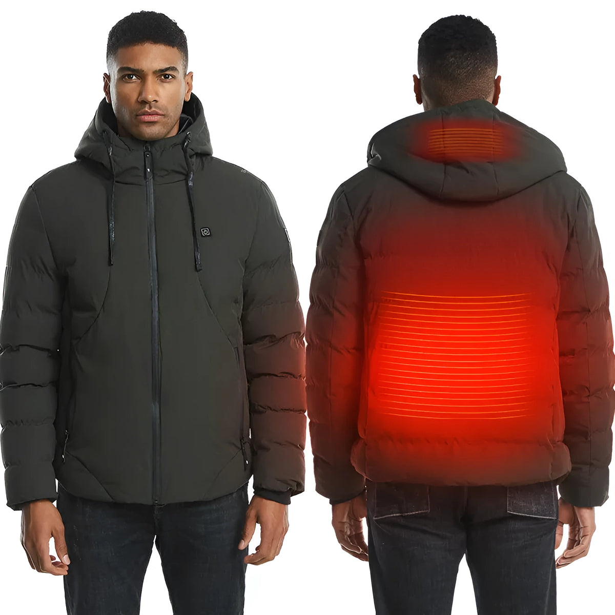 USB electric heated jacket for men women, grey colour, with zipper and hood, windproof nylon shell, outdoor winter coat