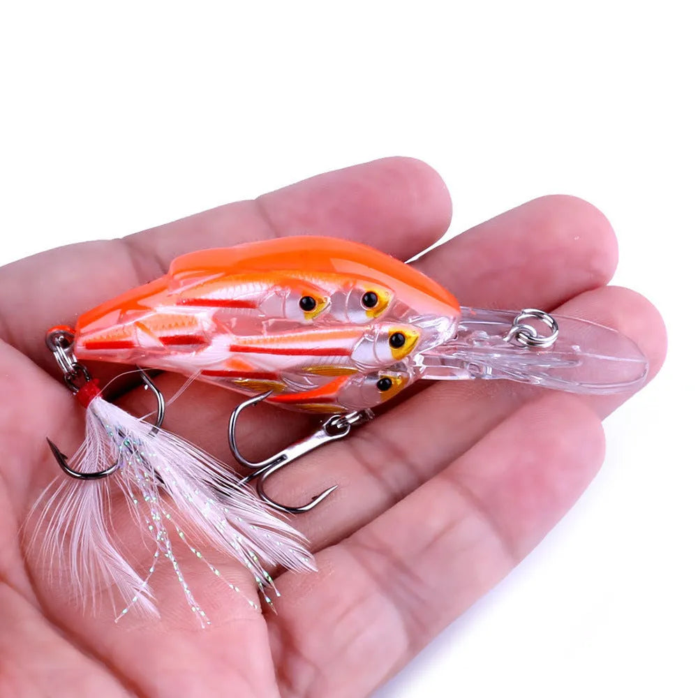 A 7.5 cm long ABS plastic fishing lure with a feather hook, shown in one of nine available colours.