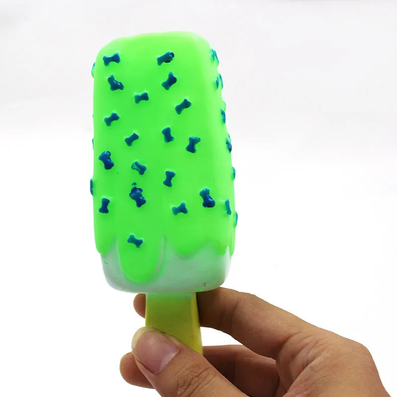 Dog vinyl simulation popsicle ice cream chew toy in random colour, measures 15x6cm.