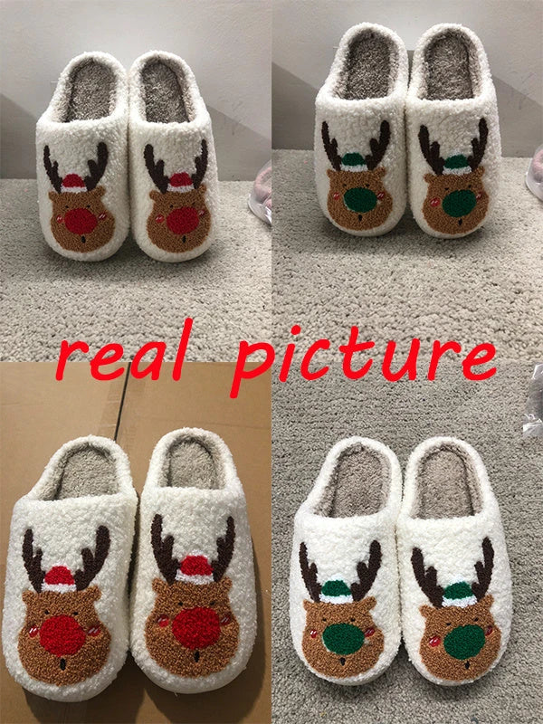 Cozy festive elk-themed slippers in red and green colors, featuring plush, soft materials for comfortable indoor wear