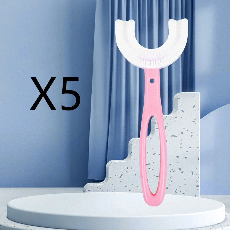 U-shaped children's soft rubber toothbrush in various colors including pink, blue, and long options