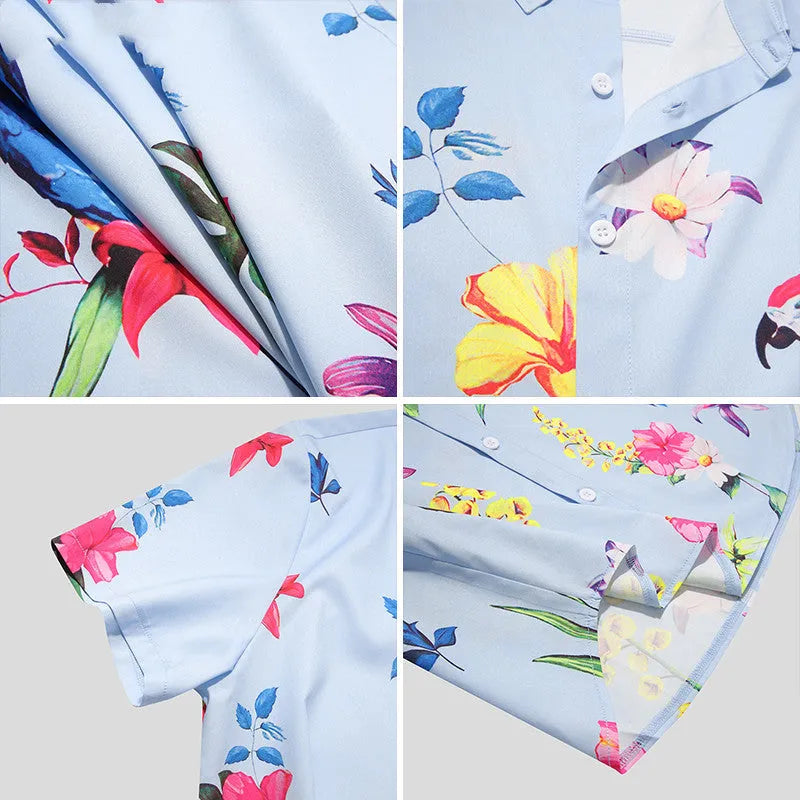 Men's blue short sleeve Hawaiian beach shirt with pointed collar