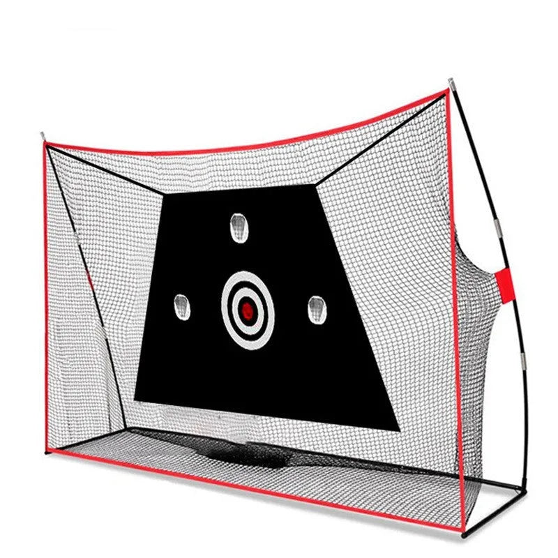 Golf wedge training set showing 3-hole cross net, straw practice mat, practice tees, and red and white golf balls