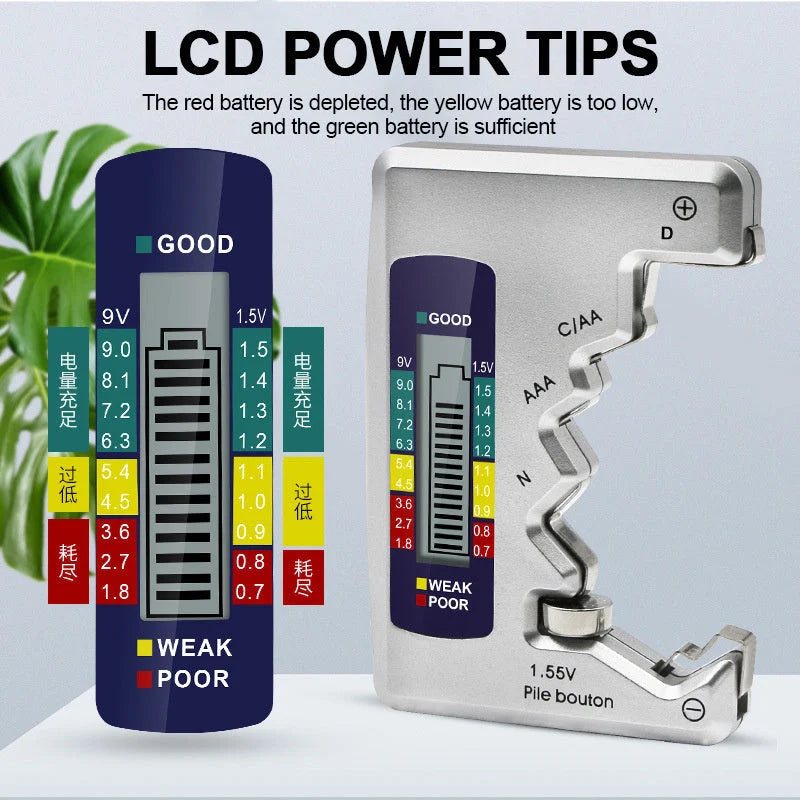 Universal digital battery tester for AA, AAA, 9V, and button cells with LCD display