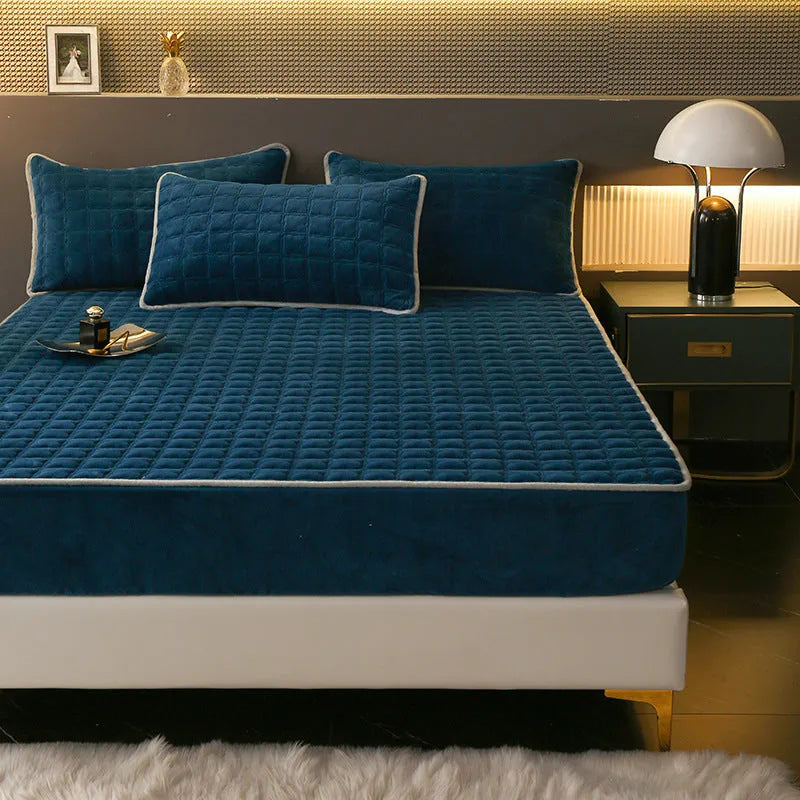 Fleece-lined milk fibre quilted fitted sheet for single bed winter thickened bedspread blue colour