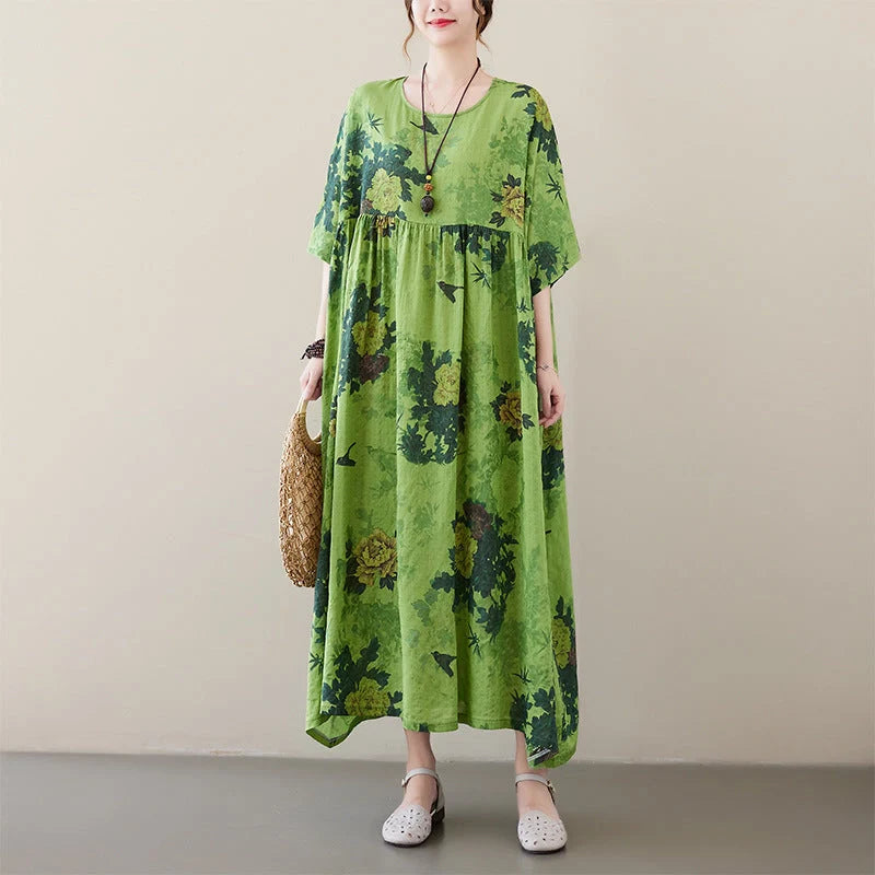 New Renaissance cotton blend round neck dress with large swing skirt in green
