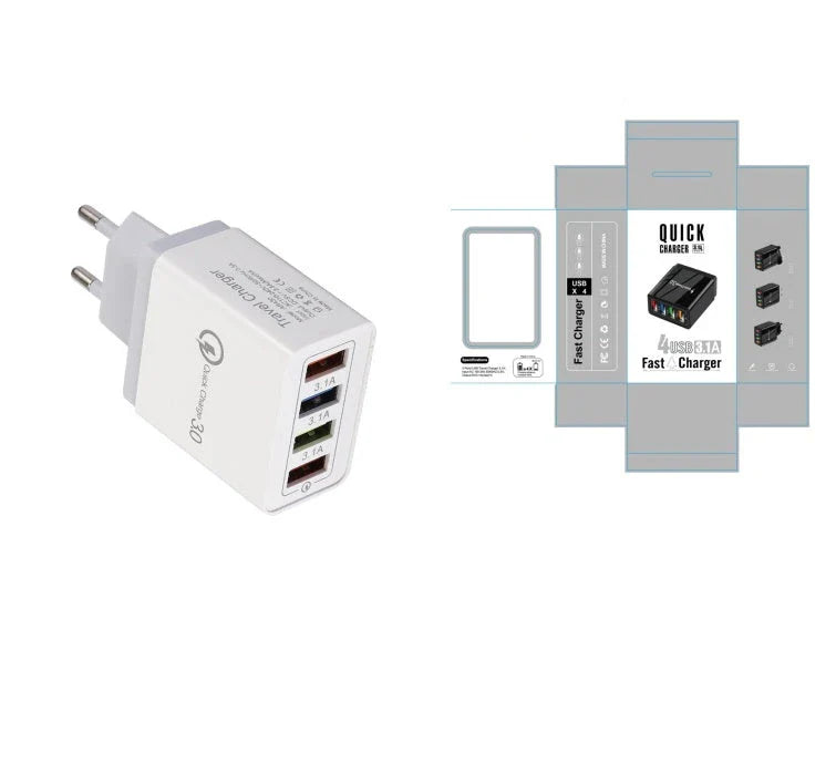 Powerful USB wall charger with Quick Charge 3.0 and 4 charging ports for fast, convenient device charging