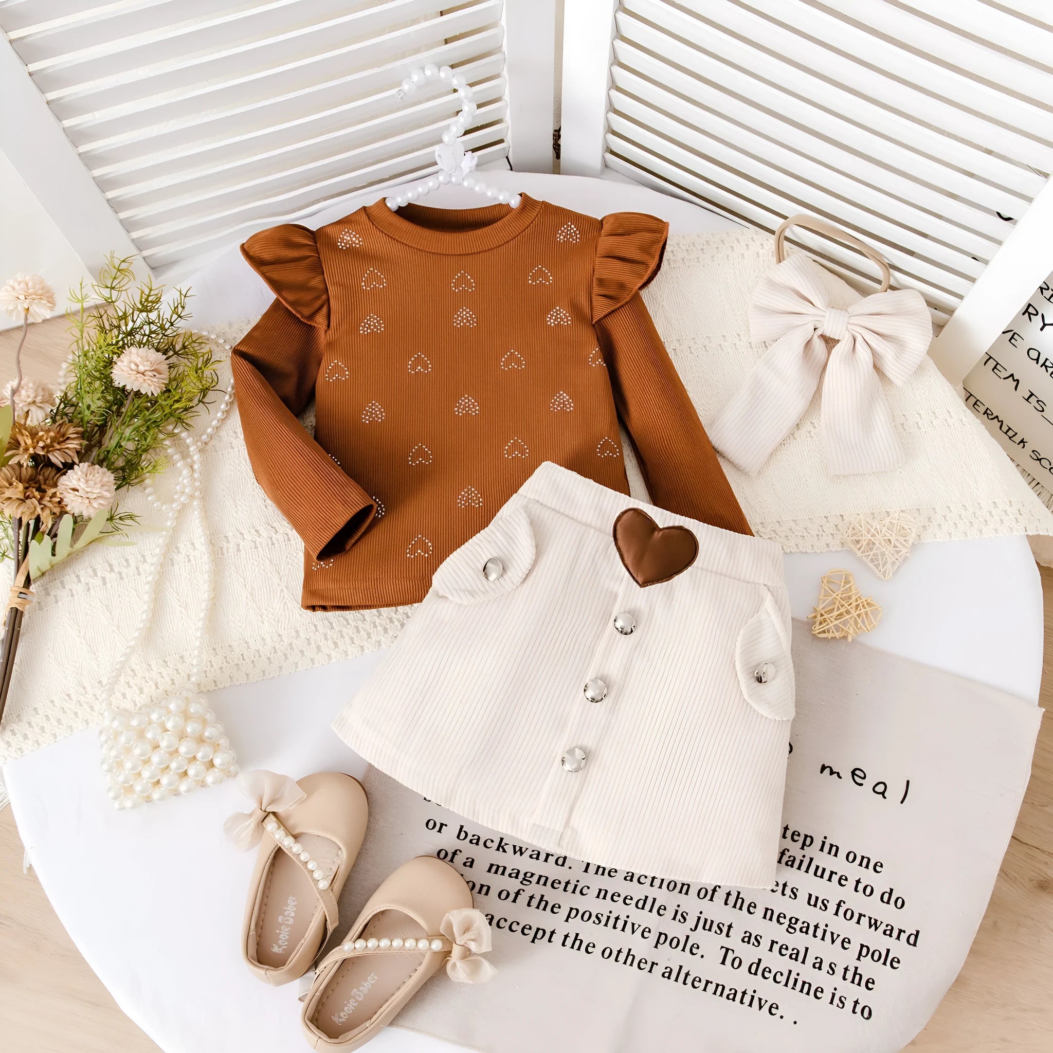 Brown cotton long-sleeve printed striped dress set with short skirt for girls 90-130cm