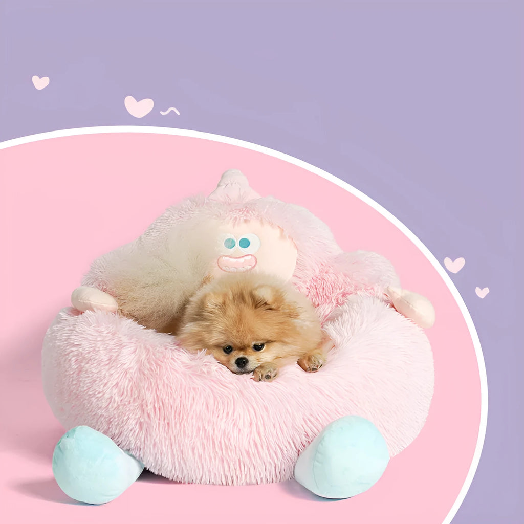 Circular grey plush pet nest bed with raised sides for cats and dogs