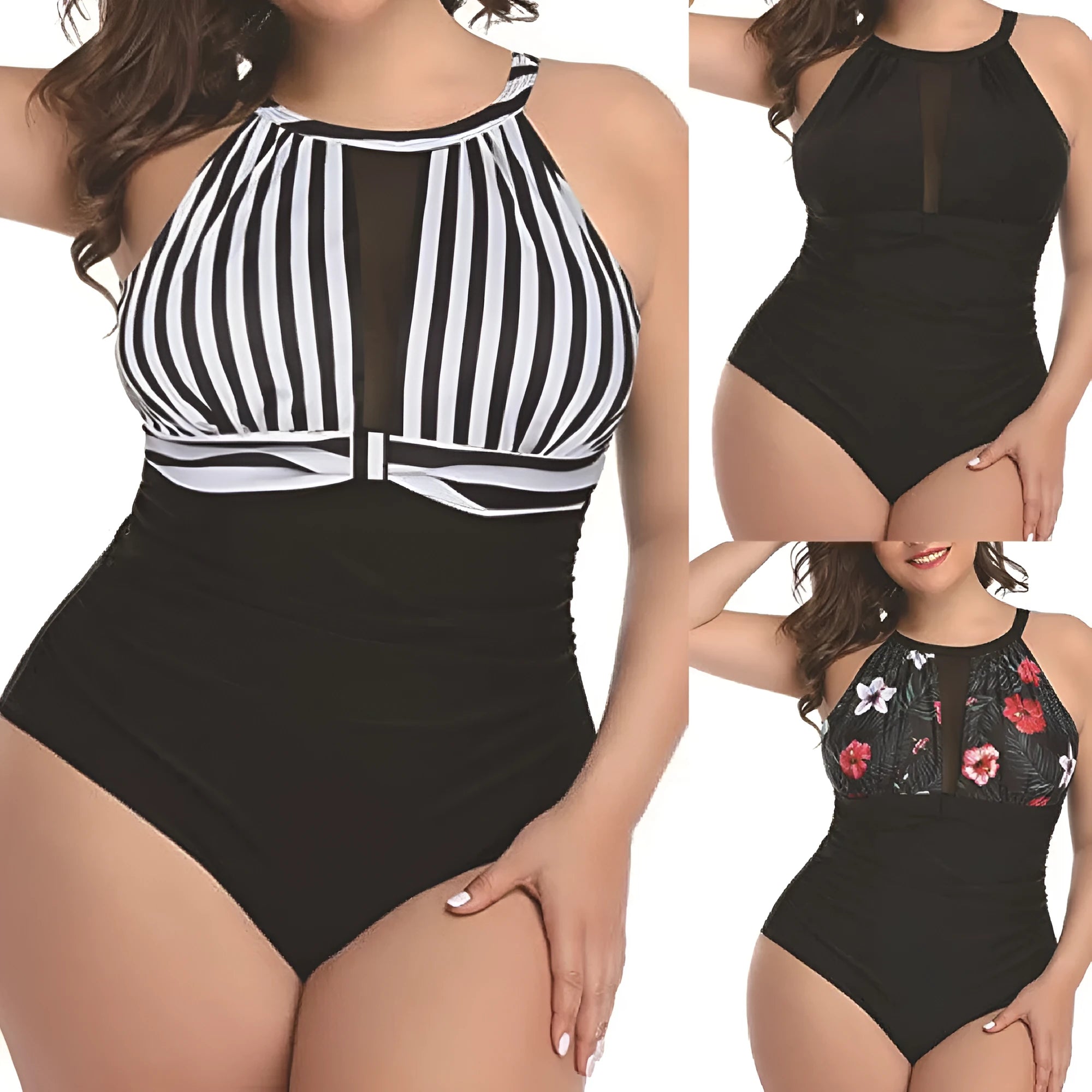 Women's black lace one-piece swimsuit on a mannequin, showing side view with red floral and stripe pattern options.