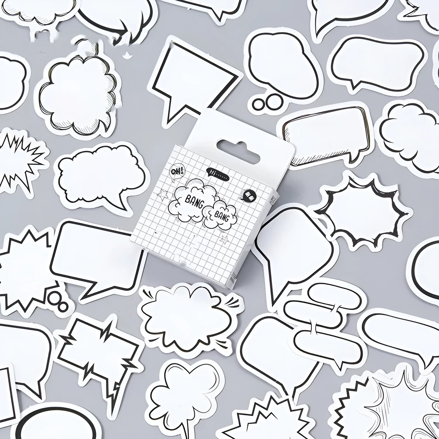 Box containing 45 black and white bubble motif decorative stickers for paper crafts