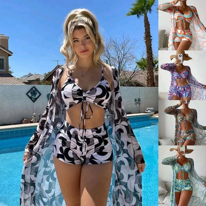 3-piece Pring bikini set with long sleeve cardigan in floral pattern for summer beach outings