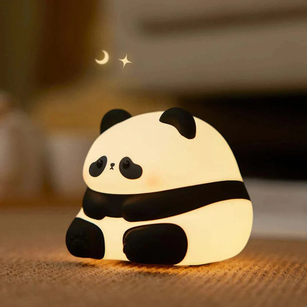 Adorable panda-shaped night light with adjustable warm white LED lighting and silicone construction