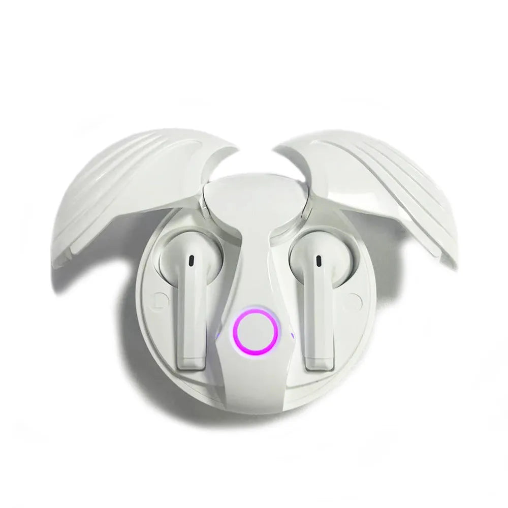 Gaming TWS earphones in Angel Wings private mold design, Black colour, with charging compartment