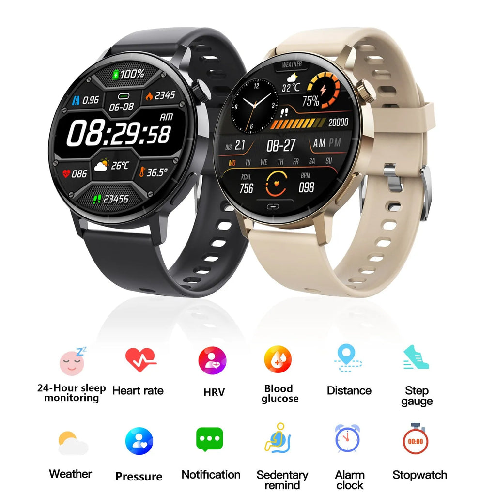 F67S smart watch displaying health metrics on IPS screen with black leather strap