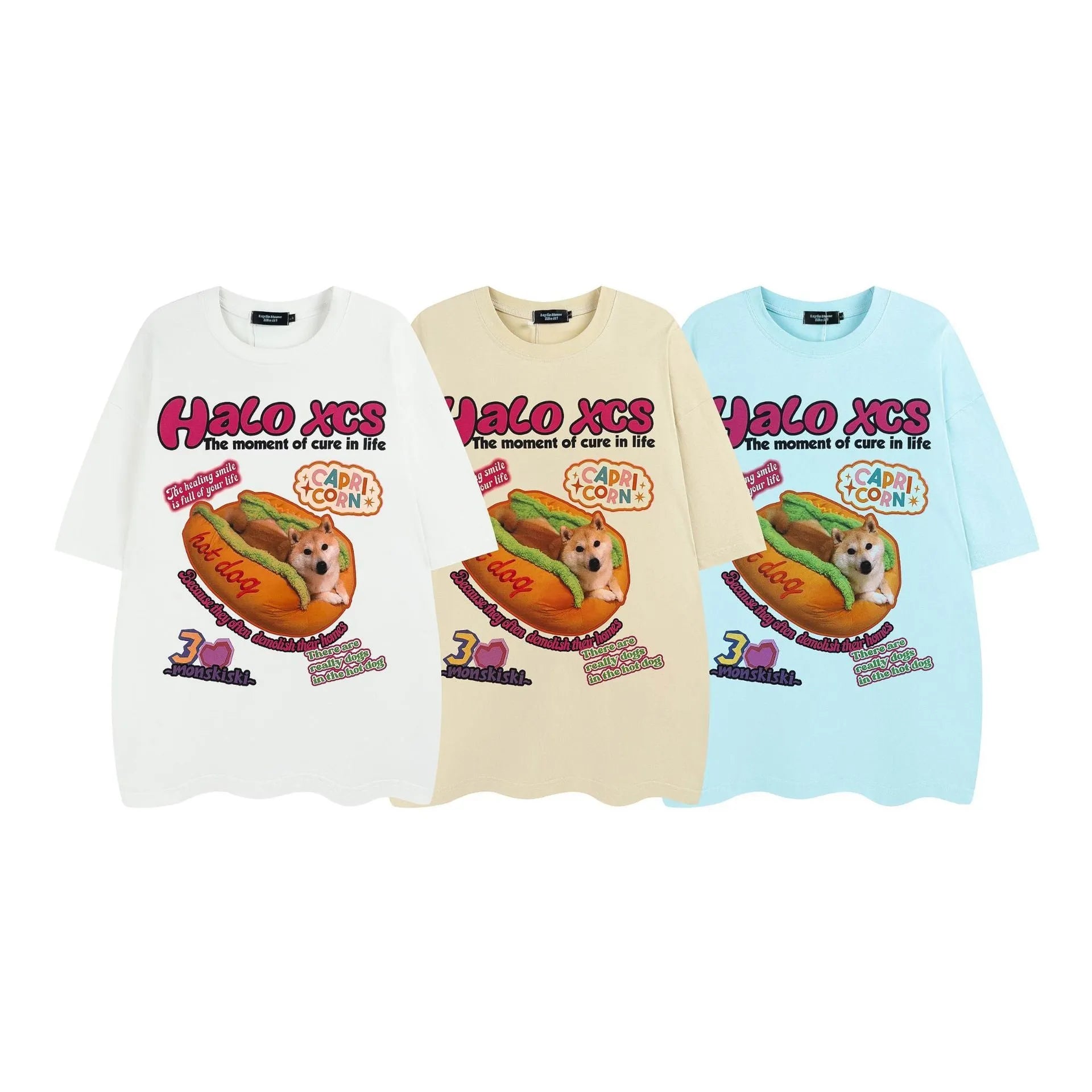 Cartoon hamburger dog printed cotton t-shirt for couples in loose fit with short sleeves