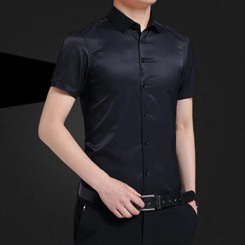 Men's solid colour non-iron short sleeve shirt in white, black, light blue, and pink, sizes M to 5XL