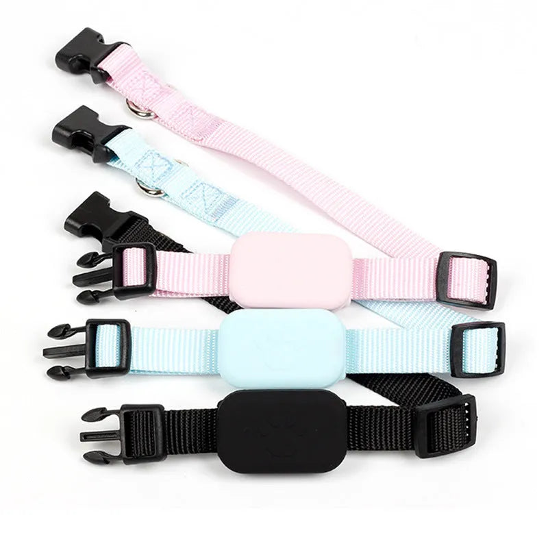 Black pet positioning collar with Bluetooth tracker on adjustable strap for cats and puppies
