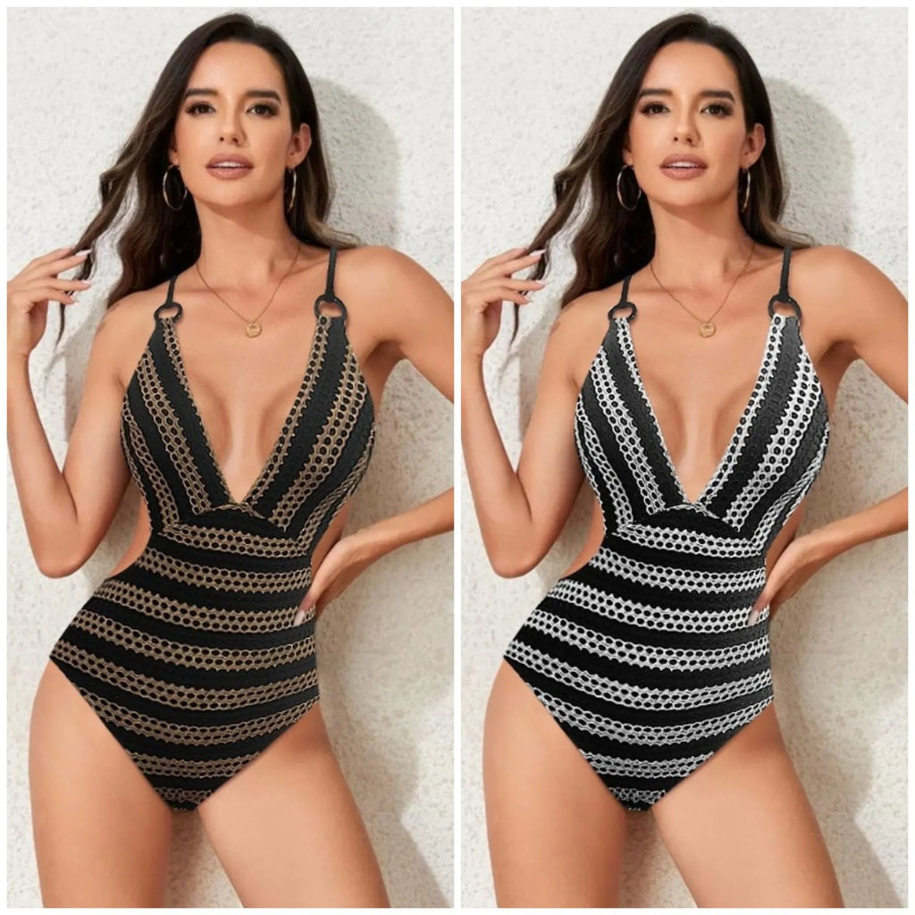 Striped one-piece women's swimsuit in polyester fibre, sleeveless, available in multiple colours