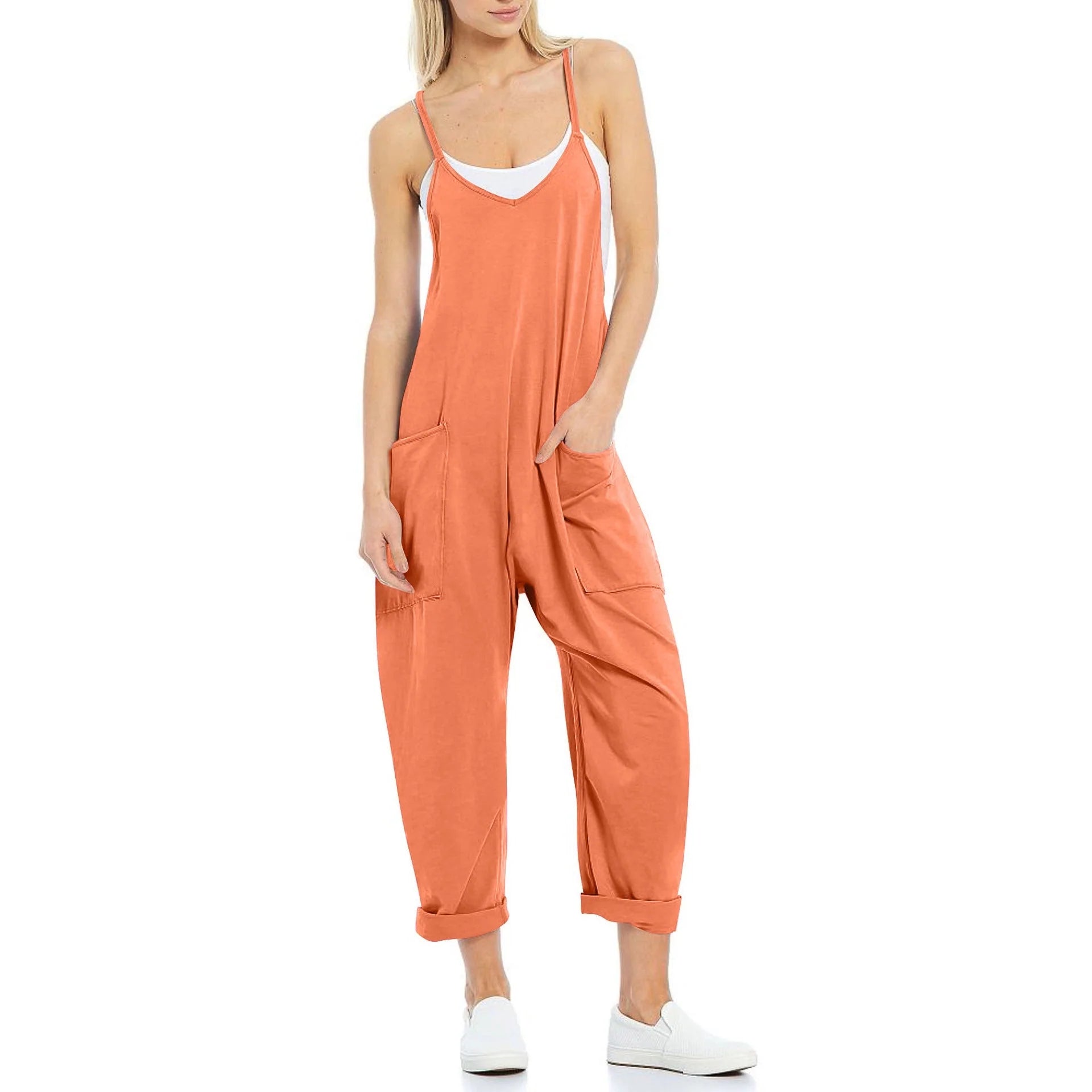 Women's knitted one-piece trousers with pockets and spaghetti straps in various colours
