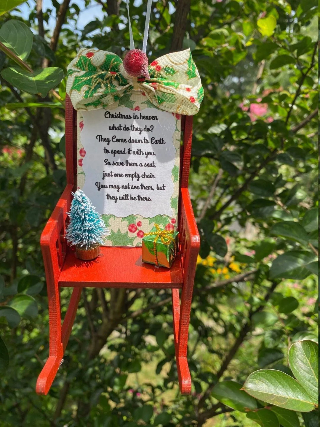Heaven Chair Christmas Ornament in red, white, and wood colour for memorial decoration