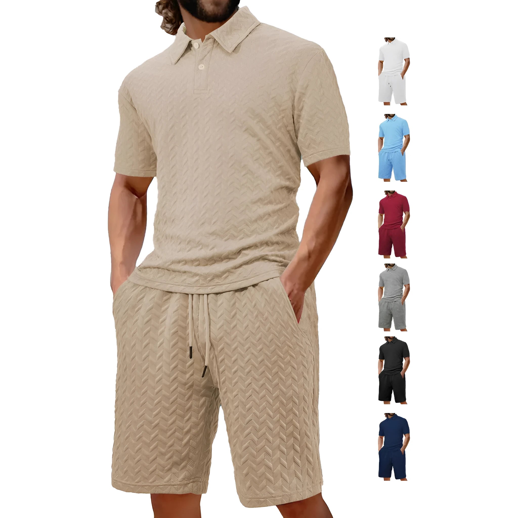 Men's summer lapel short sleeve shirt suit set with trousers in six colours, polyester fibre, sizes S to XXXL