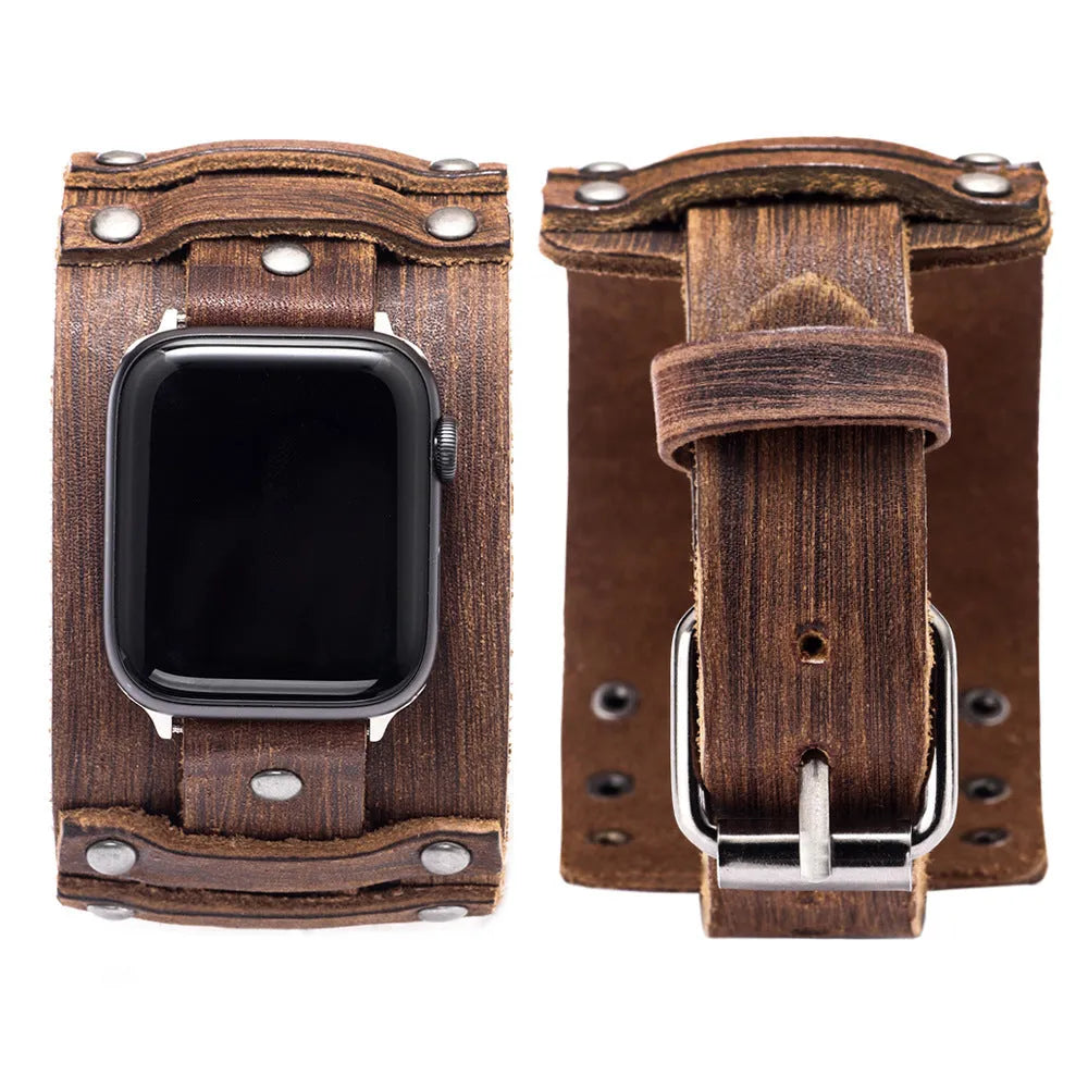 Genuine cowhide watch strap punk style black leather band for 38/40mm watches