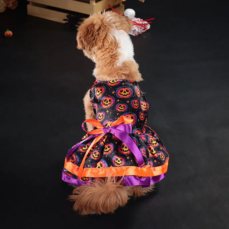 Halloween dog skirt in colourful pumpkin print, size medium, on a mannequin.