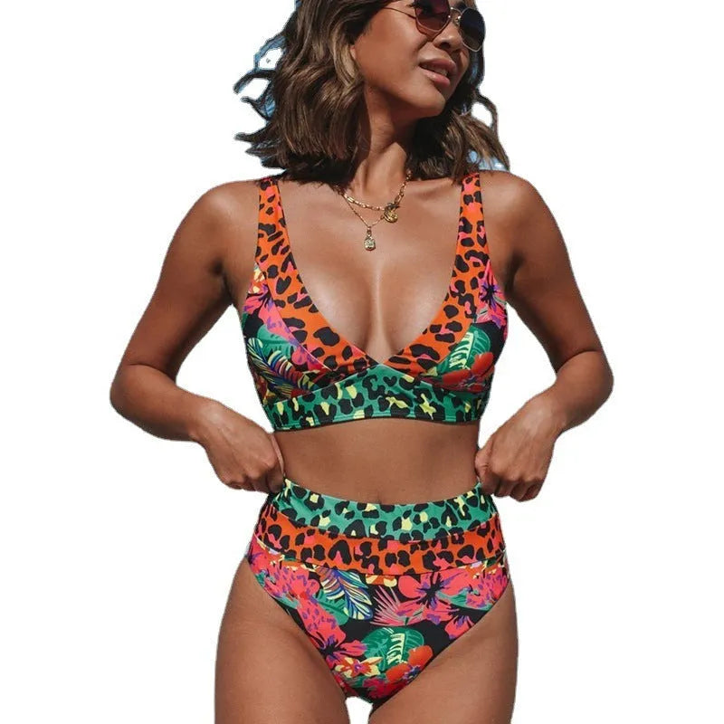 Women's floral print high-waist bikini swimsuit set for swimming.