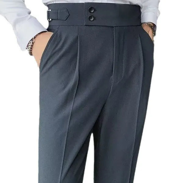 Retro high waist straight-leg trousers in cotton blend fabric showing black, brown, gray, and white colour options
