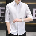 Men's slim-fit half-sleeve linen blend shirt in a solid colour on a hanger.