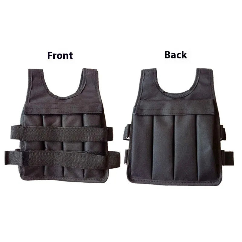 Children's adjustable sand vest with weight pockets showing height ranges 80-160cm and load options 2kg to 8kg