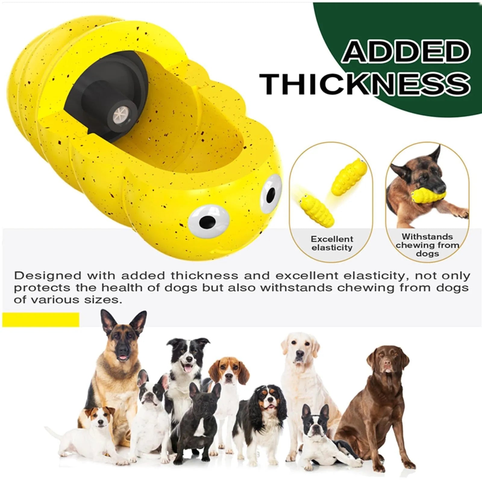 Indestructible squeaky dog chew toy for aggressive chewers in green and yellow food grade material