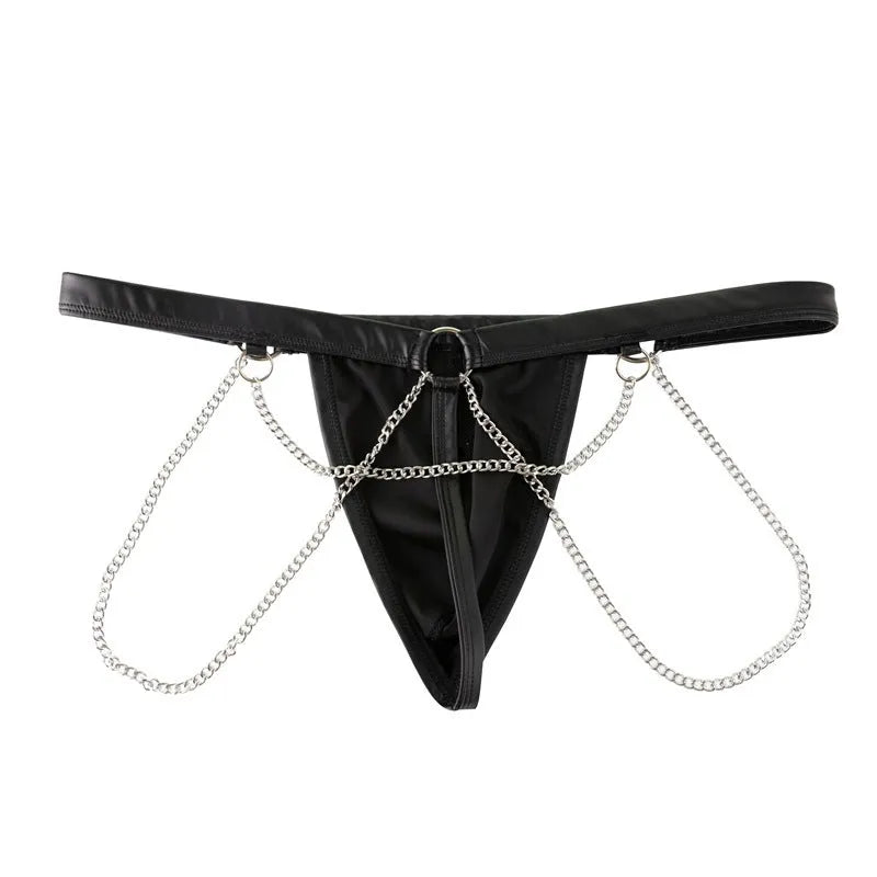 Black patent leather-look men's thong underwear with a metal chain detail on the front.