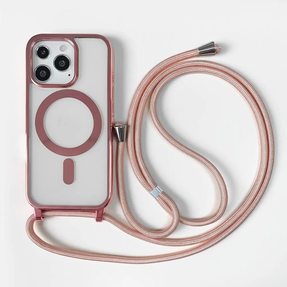 Transparent magnetic lanyard phone case for iPhone with black lanyard, TPU shockproof material, electroplating finish