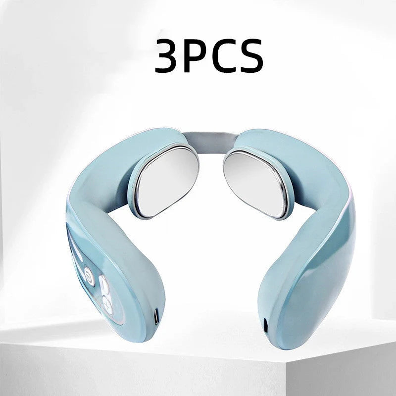 EMS Neck Massager with heat function in gradient blue, showing ergonomic design