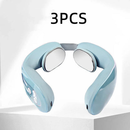 EMS Neck Massager with heat function in gradient blue, showing ergonomic design