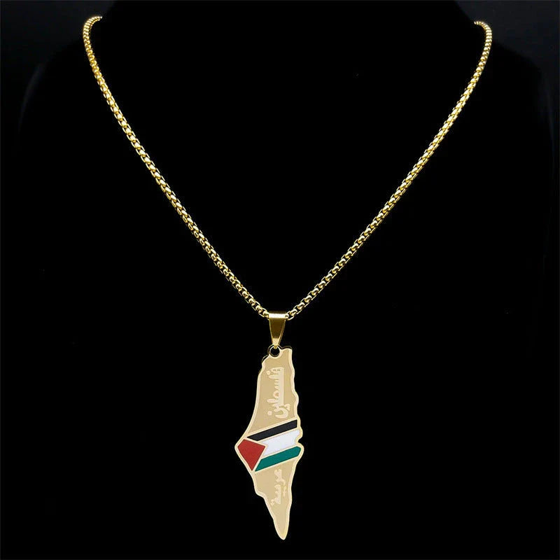 Stainless steel pendant necklace featuring the detailed map of Palestine and Israel in a gold or silver finish