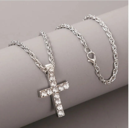 Silver alloy cross pendant necklace with 60 cm rope chain for women and men