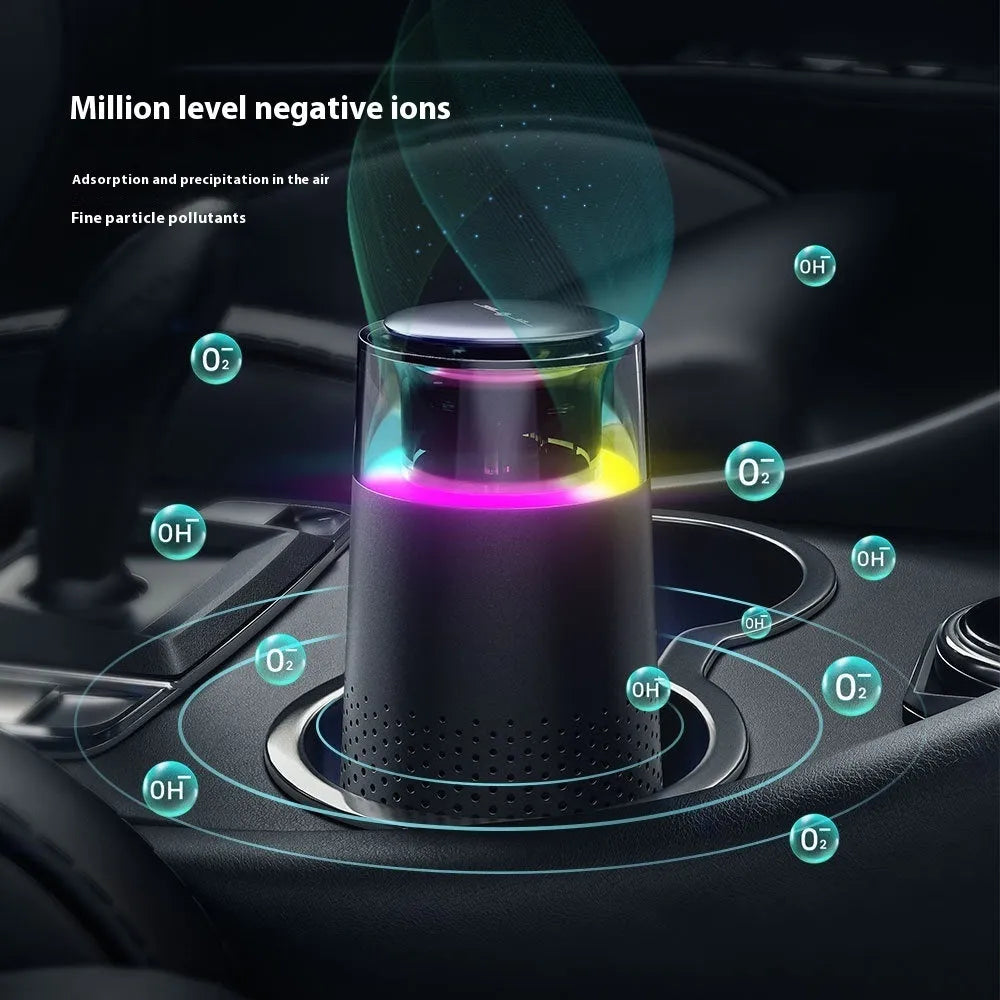 Black car air purifier with running light on a dashboard, ABS construction, 5W USB powered