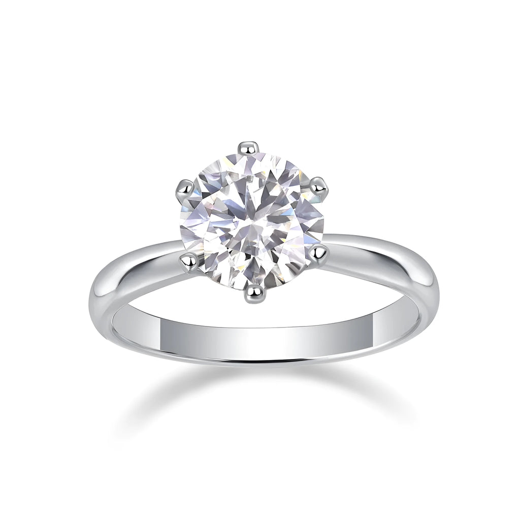 Classic six-prong moissanite wedding ring in S925 silver with platinum plating, GRA certified, 1-5 carat options