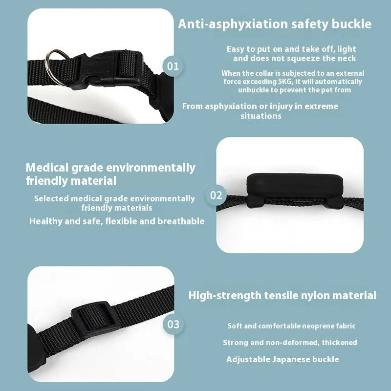 Black pet positioning collar with Bluetooth tracker on adjustable strap for cats and puppies