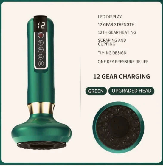 A versatile electric vacuum cupping massager with 12 suction levels, infrared heating, and portable wireless design for holistic self-care at home.