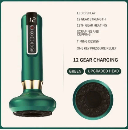 A versatile electric vacuum cupping massager with 12 suction levels, infrared heating, and portable wireless design for holistic self-care at home.