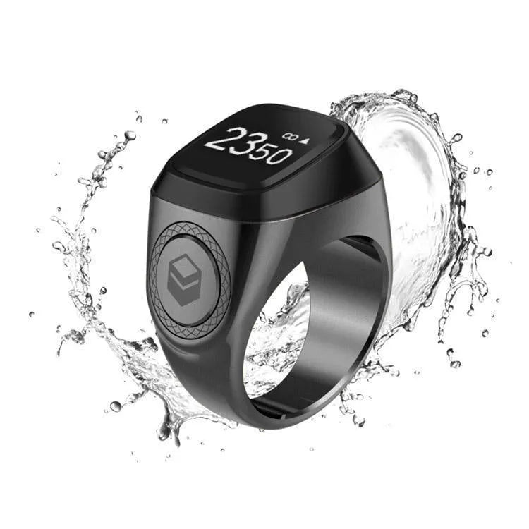 Zikr1 Lite metal smart ring for Islamic prayer with OLED display, shown in silver colour.