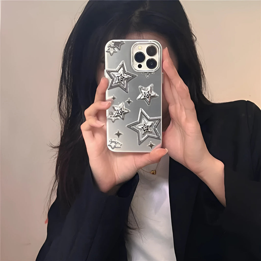 Silver grey electroplated three-dimensional star hard acrylic phone case for iPhone on white background