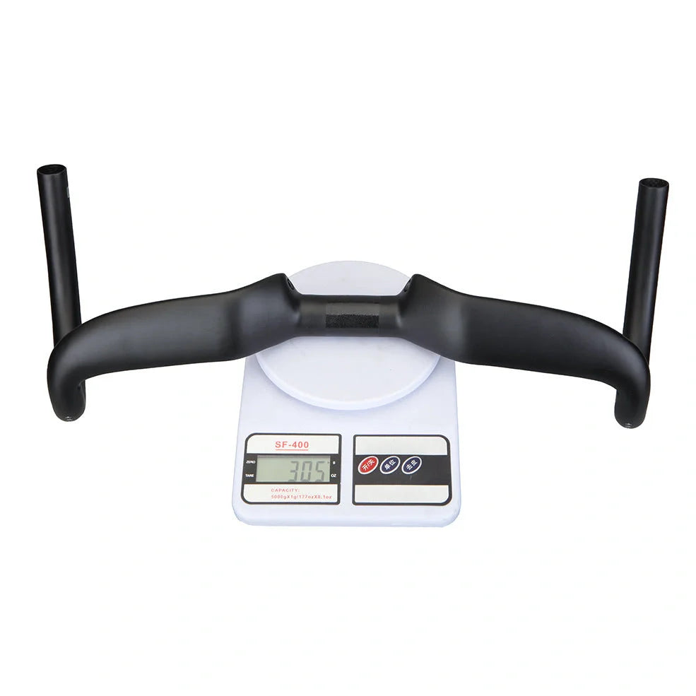 Black carbon fibre bicycle handlebar with bent design showing 125mm vertical rise measurement